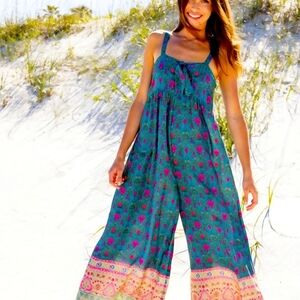 NATURAL LIFE Teal Floral Wide-Leg Jumpsuit with Pink & Peach Border